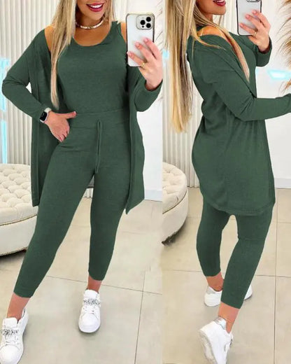 3 Piece Lounge Set Crewneck Sleeveless Tank Top Long Sleeve Open Front Coat Pants Sweatsuit