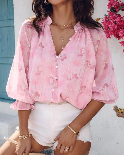 Glitter Lurex Floral Print Long Sleeve Blouse Front Button Casual Top