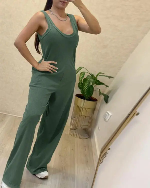 U-Neck Thick Strap Casual Jumpsuit