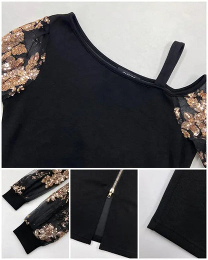 Floral Pattern Contrast Sequin Cold Shoulder Bodycon Dress Zip Up Sheer Mesh Patch Midi Dress