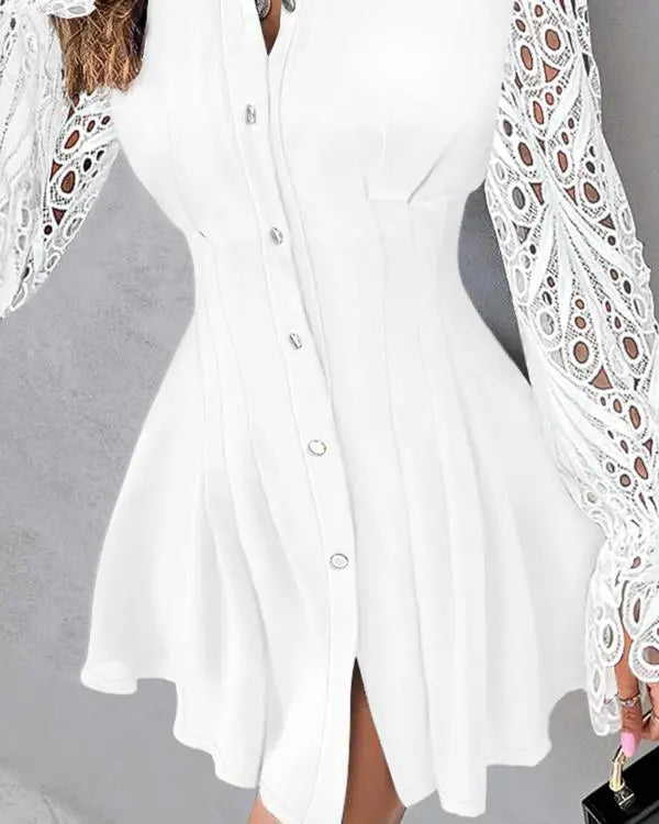 A-Line Button Down Long Sleeve Shirt Dresses Turn-down Collar Eyelet Embroidery Casual Mini Dress