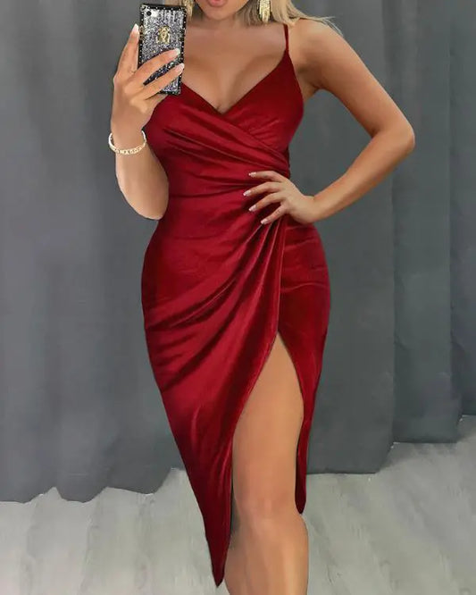 V-Neck Spaghetti Strap Ruched High Slit Wrap Bodycon Party Dress