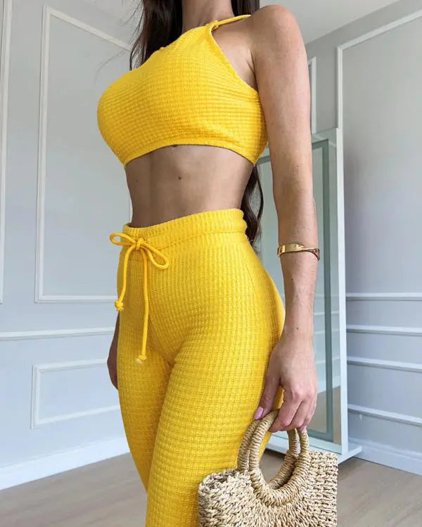 2 Piece Waffle Knit Halter Backless Crop Top High-Waisted Drawstring Wide Leg Casual Pants Set