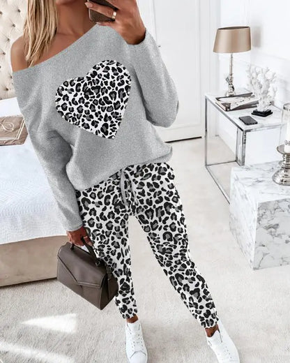 2 Piece Heart Leopard Print Tracksuits Set Skew Neck Long Sleeve Top Pants Sets with Pockets