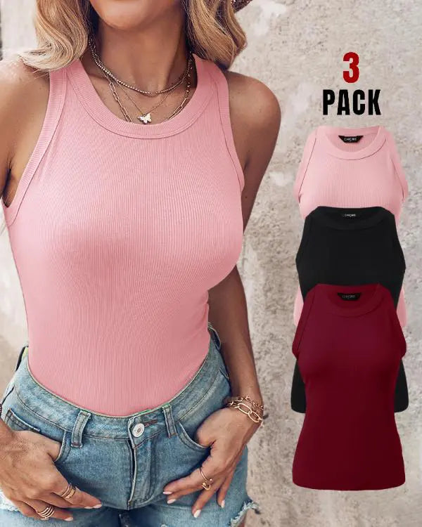 3-Pack Knit Round Neck Thick Strap Racerback Tank Tops