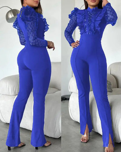 Elegant Mesh See Through Long Sleeve Jumpsuits Contrast Lace Sequin Patch Casual Overalls