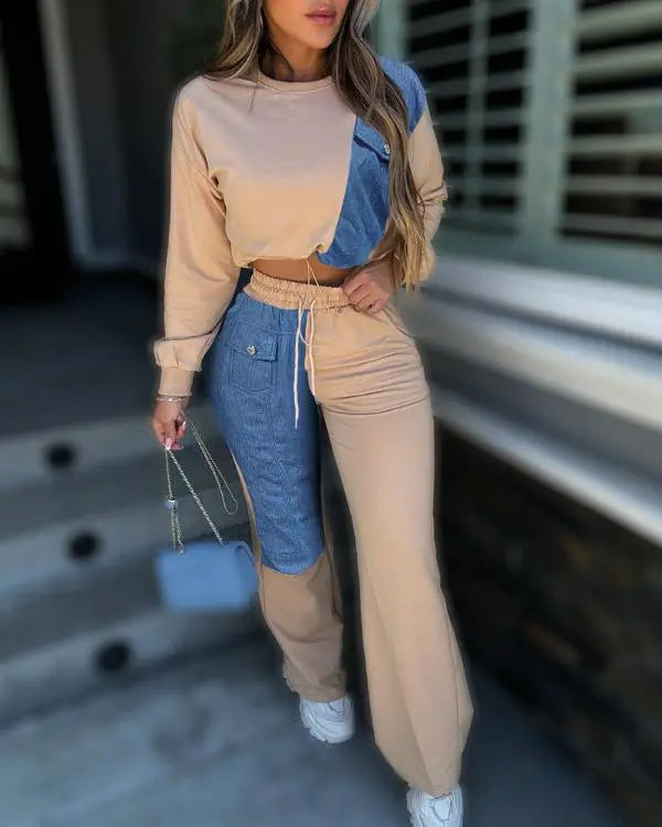 2 Piece Long Sleeve Demin Patchwork Crop Drawstring Sweatshirt High Waist Pants Set Tracksuit