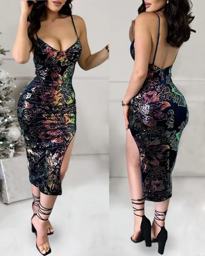 Colorful Sequin Floral Jacquard Pattern Bodycon Dress Backless Slit Party Club Slip Dress