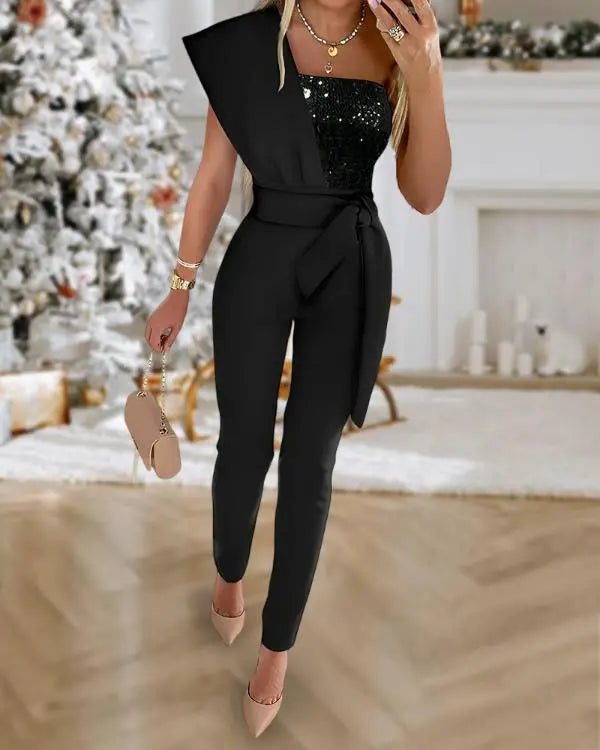 Contrast Sequin One Shoulder Jumpsuit Tied Detail Sleeveless Romper