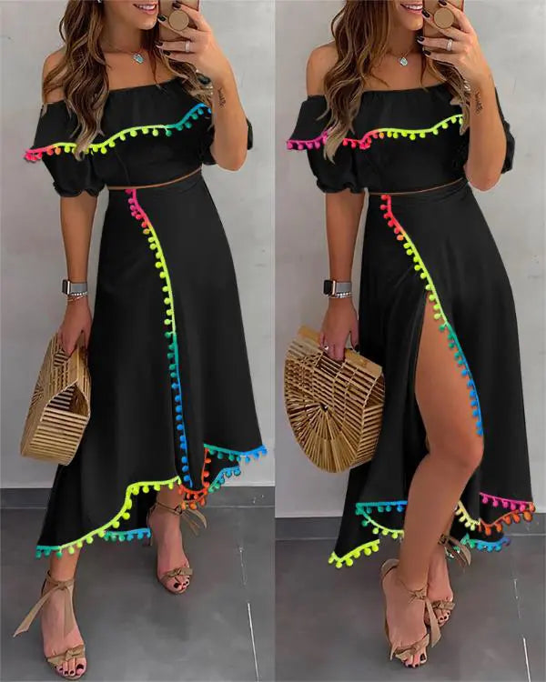 Colorblock Off the Shoulder Dip Hem Tassel Front Slit Dress Elegant Dress