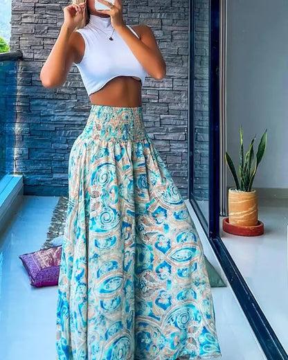 Paisley Print Shirred High Waist Wide Leg Pants Vacation Pants
