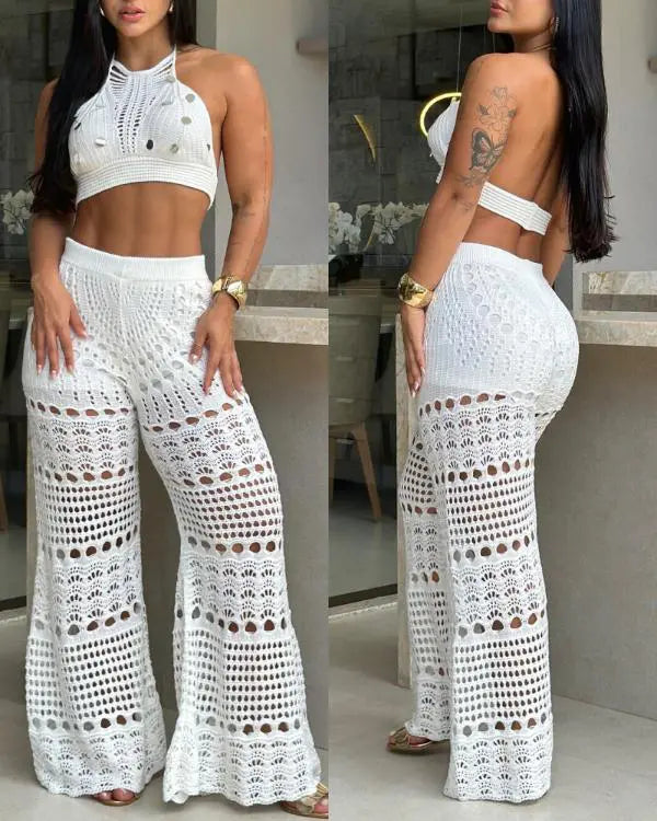 2 Pieces Halter Sleeveless Crop Top and Casual Hollow-out Loose Fit Pants Set