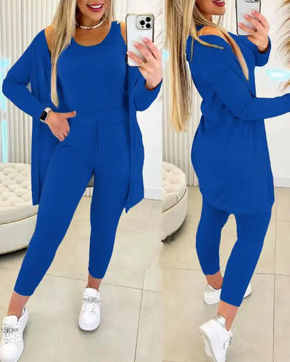 3 Piece Lounge Set Crewneck Sleeveless Tank Top Long Sleeve Open Front Coat Pants Sweatsuit