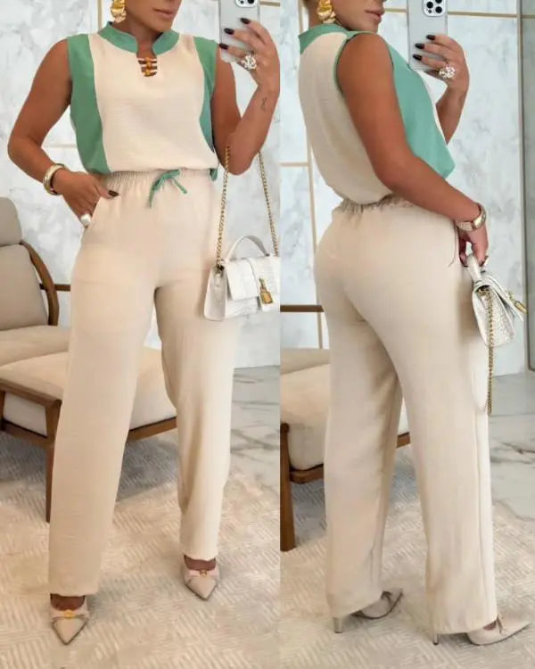 2 Piece Contrast Binding Sleeveless Top Drawstring Tied Detail Wide Leg Pants Casual Pants Set