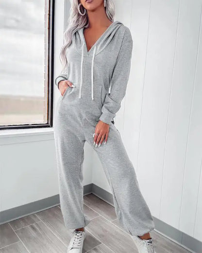 Hooded Kangaroo Pocket Design Stretchy Waist Cuffed Jumpsuit