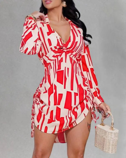 All Over Print Turn-down V-Neck Twisted Side Drawstring Shirt Dress
