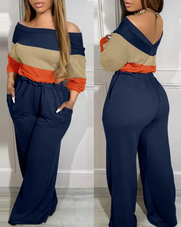 Colorblock Off Shoulder Long Sleeve Jumpsuit V-Back Stretchy Waist Pocket Design Romper