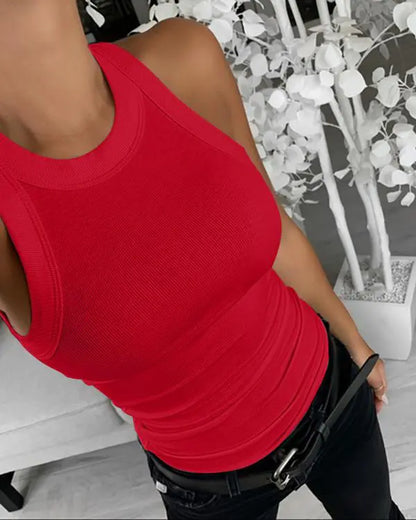 O-Neck Knit Sleeveless Basic Slim Fit Tummy Control Tank Casual Top