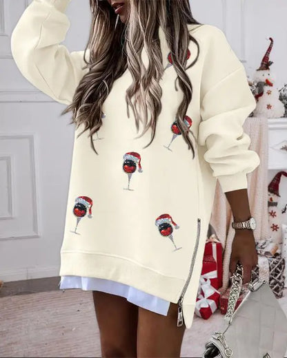 Christmas Glass Pattern Sequin Patchwork Crewneck Pullover Top Zipper Slit Sweatshirt Dress