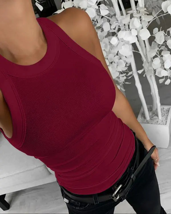 O-Neck Knit Sleeveless Basic Slim Fit Tummy Control Tank Casual Top