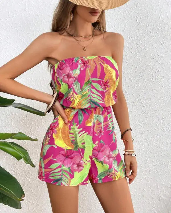 Floral Print Bandeau Sleeveless Romper Casual High Waist Holiday Jumpsuit