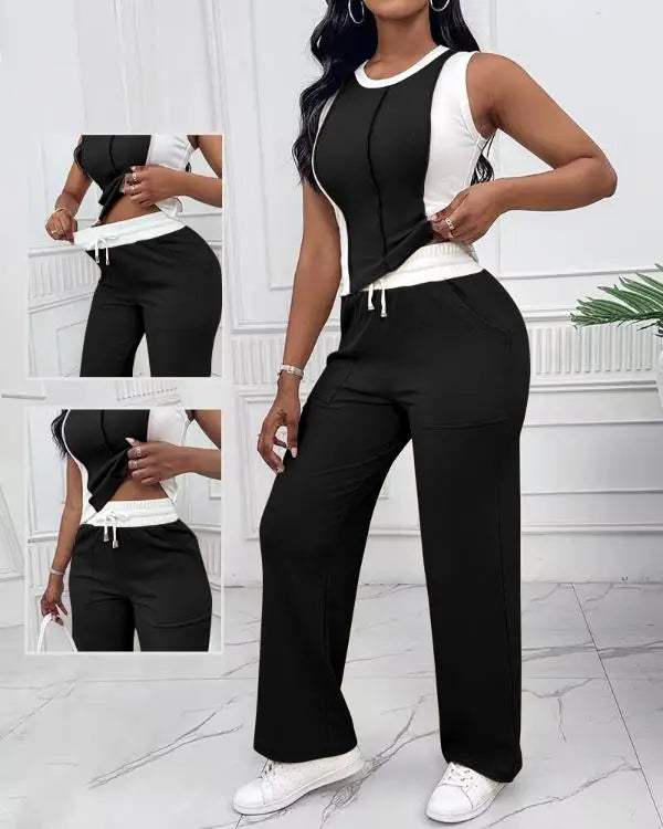 2 Piece Loungewear Set Colorblock Tank Top and Straight Leg Pocket Design Pants Tracksuit Casual Outfits