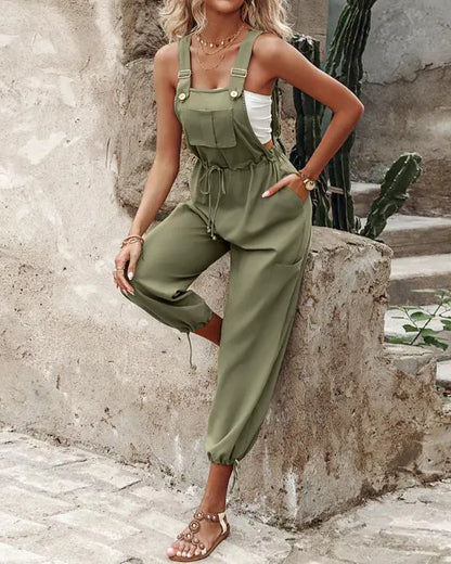 Pocket Design Drawstring Suspender Jumpsuit