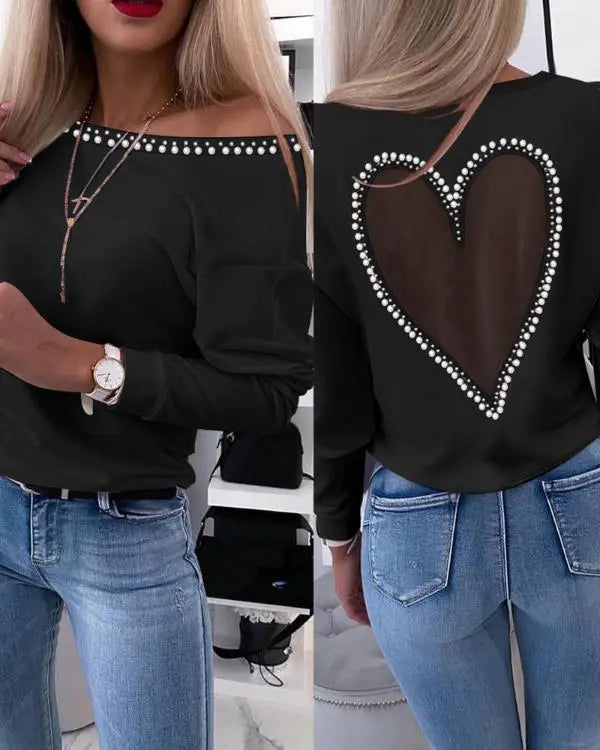 Heart Pattern Sheer Mesh Round Neck Long Sleeve Beaded Sheer Mesh Tee Casual Top