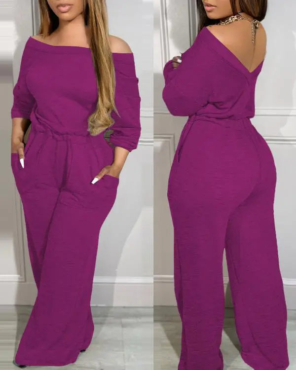 Off Shoulder V-Back Stretchy Waist Pocket Design Jumpsuit