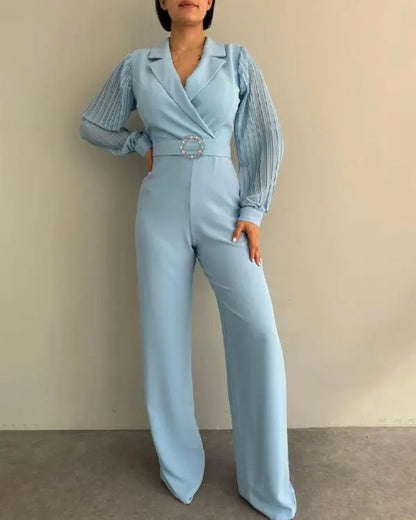 Lapel Ruched Long Sleeve Wide Leg Jumpsuit Casual One Piece Outfits with Belt