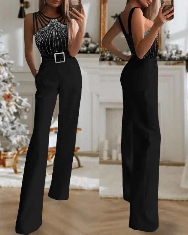 Multi Strap Sleeveless Jumpsuit Rhinestone Bootcut Overalls