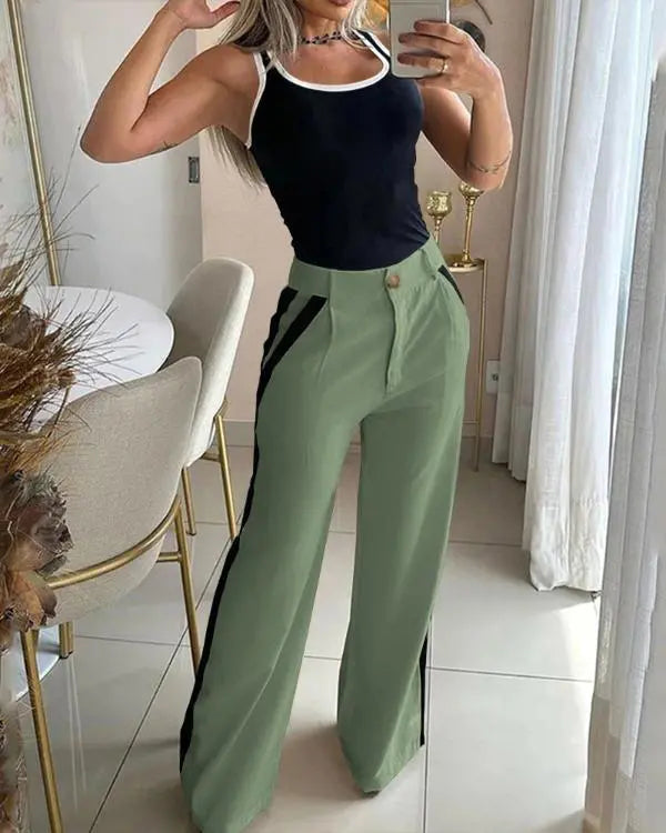 2 Piece Contrast Binding Sleeveless Slim Fit Tank Top and Striped Pants Sets Tracksuits Match Sets