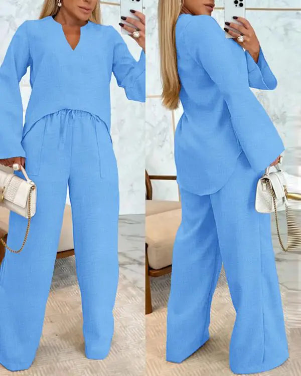 2 Piece Notch Neck Long Sleeve Asymmetrical Hem Tops Stretchy Waist Straight Leg Pants Lounge Sets Tracksuit