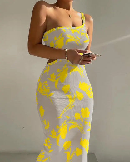 Leopard Butterfly Print One Shoulder Sleeveless Bodycon Dress Sexy Hollow-out Slim Fit Dress