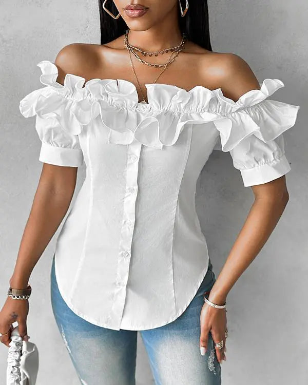Off Shoulder Layered Ruffles Button-down Asymmetrical Hem Top