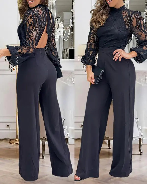 Contrast Lace Stand Collar Tied Detail Backless Straight Pants Lantern Sleeve Jumpsuit Elegant Overall