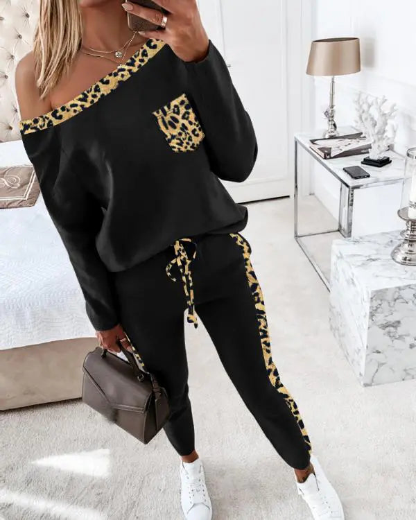 2 Piece Heart Leopard Print Tracksuits Set Skew Neck Long Sleeve Top Pants Sets with Pockets