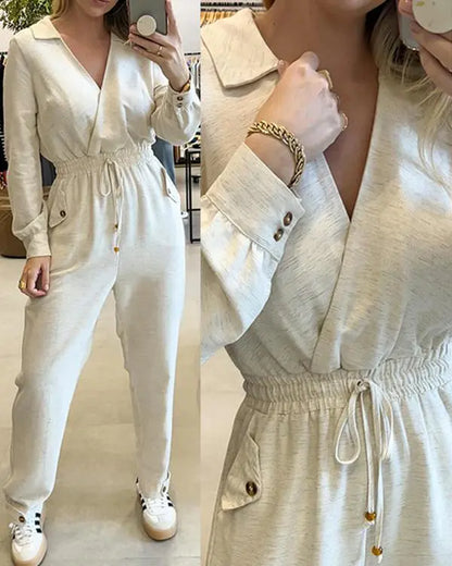 Lapel V-neck Collar Shirred Drawstring Waist Jumpsuit