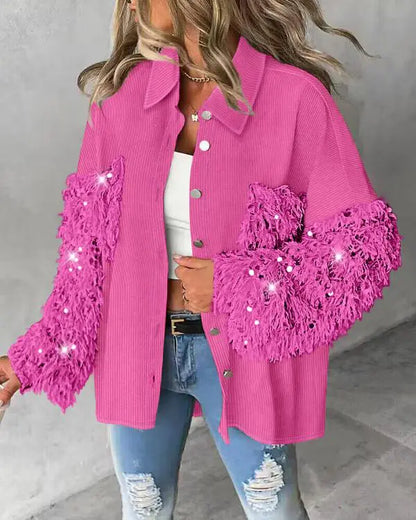 Contrast Sequin Tassel Design Fuzzy Patchwork Shacket