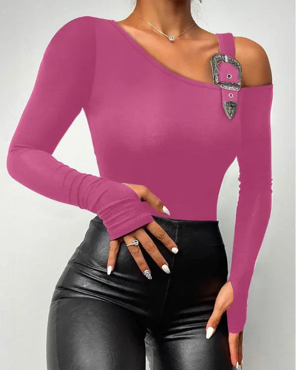 Long Sleeve Slim Fit Tops Casual Cold Shoulder Buckled Blouse Shirts