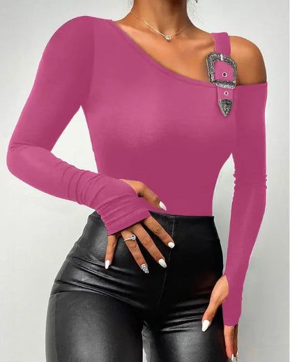 Long Sleeve Slim Fit Tops Casual Cold Shoulder Buckled Blouse Shirts