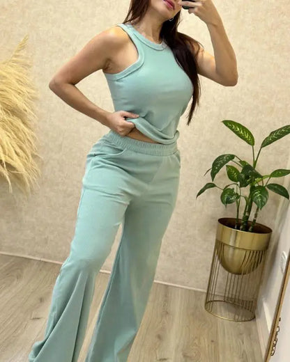 2 Piece Contrast Binding Ribbed Tank Top and Stretchy Waist Pants with Pockets Tracksuit Casual Outfits