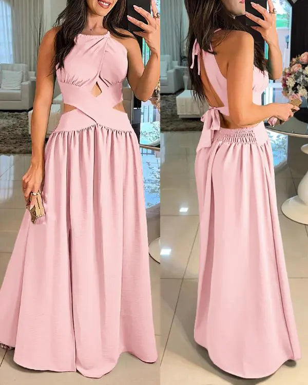 Halter Sleeveless Tied Detail Shirred Criss Cross Flared Dress Glamorous Evening Dress