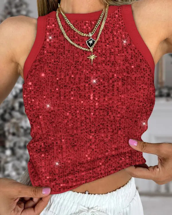 Contrast Sequin Leopard Pattern O-neck Sleeveless Tank Tops Slim Fitted Shirt
