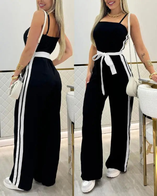 Striped Sleeveless Tied Detail Jumpsuits Spaghetti Strap Casual Wide Leg Rompers