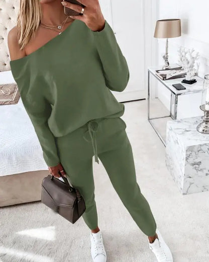 2 Piece Lounge Outfit Long Sleeve Skew Neck Pullover Tops Stretchy Waist Pants Set Tracksuit