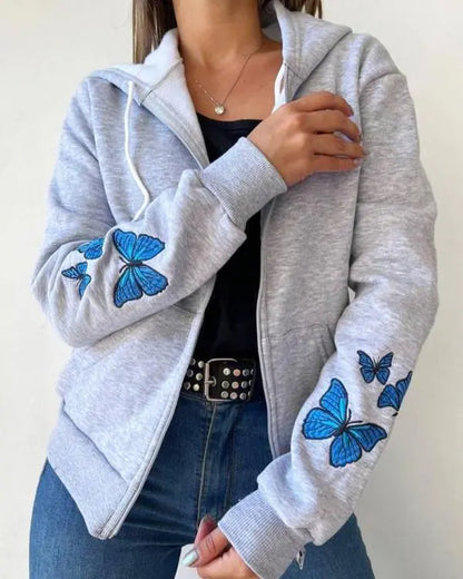 Butterfly Print Long Sleeve Hooded Drawstring Cardigan Casual Coat with Pocket