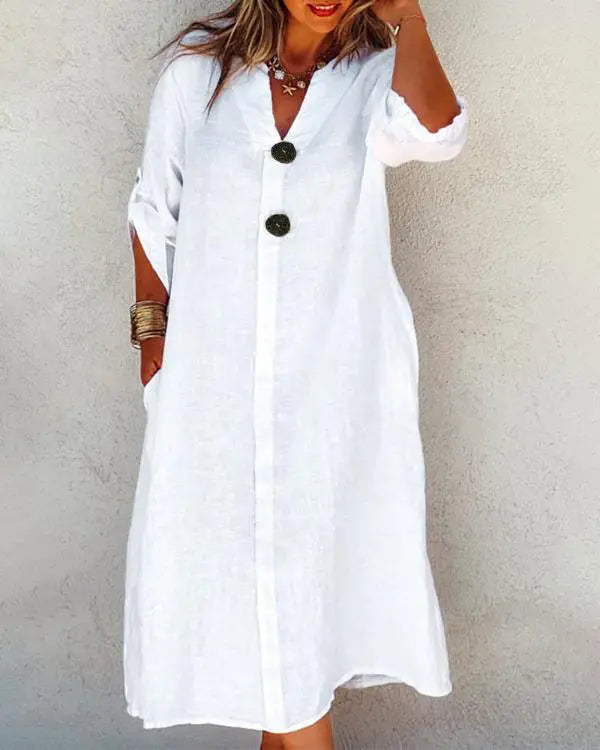 V-Neck Long Sleeve Pullover Front Wooden Button A-Line Casual Shirt Dresss