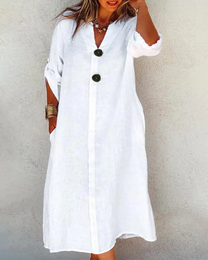 V-Neck Long Sleeve Pullover Front Wooden Button A-Line Casual Shirt Dresss