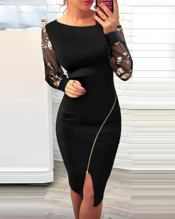 Floral Pattern Contrast Sequin Cold Shoulder Bodycon Dress Zip Up Sheer Mesh Patch Midi Dress